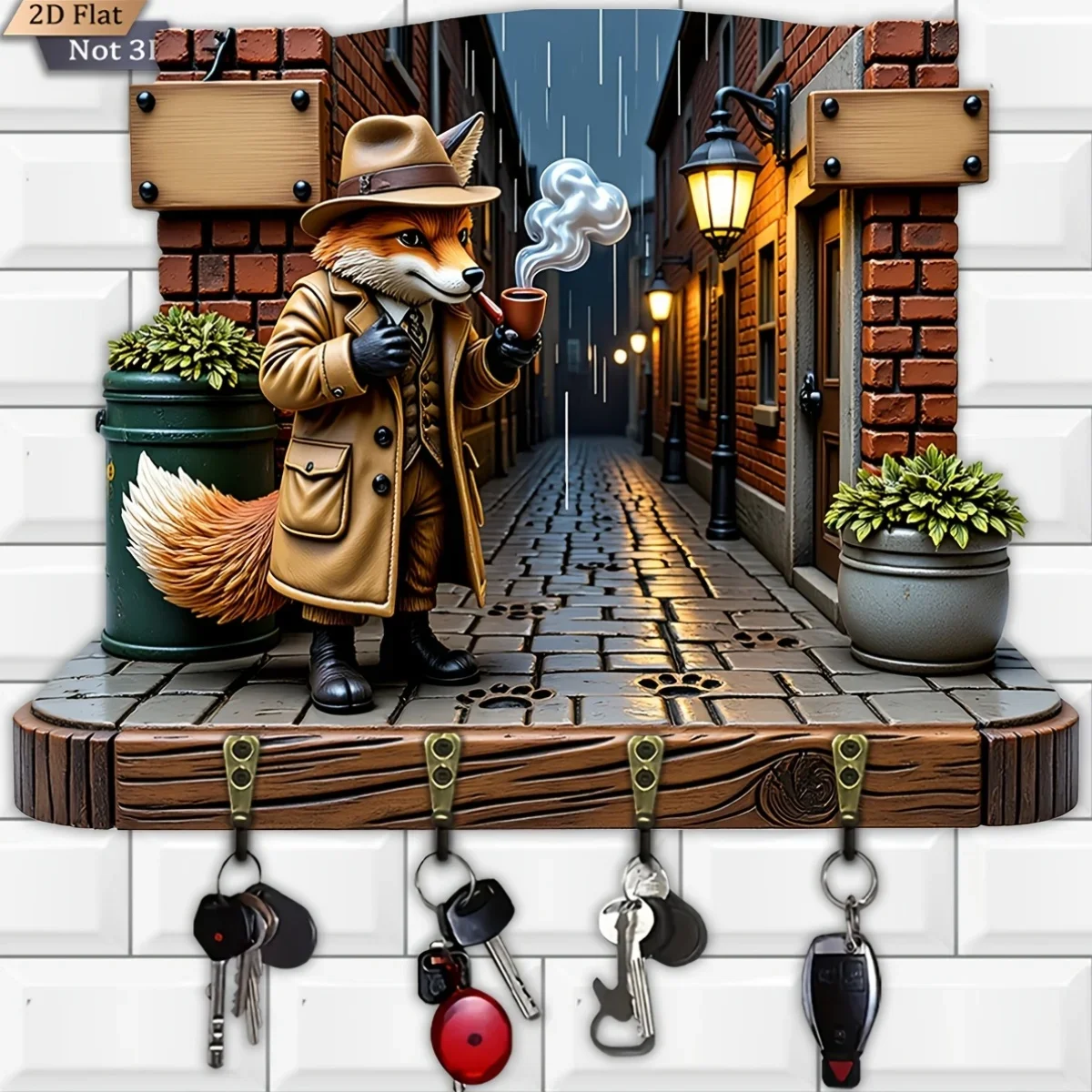 2D Flat, 1pc, Retro Detective Fox Theme Key Hook, Wooden Multifunctional Home Key Holder with Four Metal Hooks, Suitable for