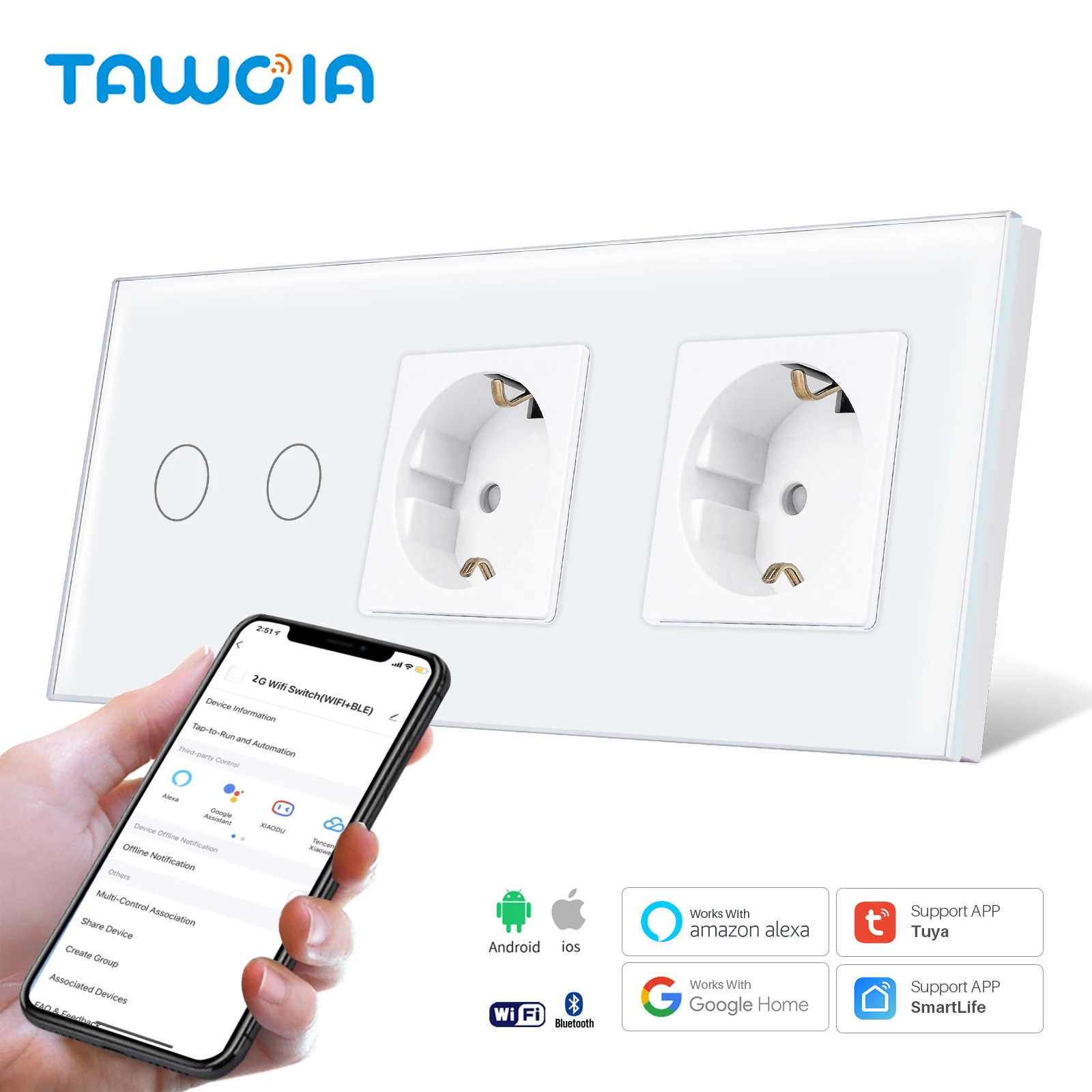 Normal Socket With WiFi Light Switch, Work With Alexa Tuya, Glass Touch Screen,2x1Way, 16A Double Socket, Neutral Line Required