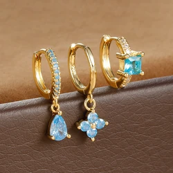 3PCS Fashion Water Drop Huggie Hoop Earrings Set for Women Three-petal Flower Stud Earrings Prevent Allergy Piercing Jewelry