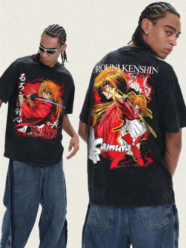 Himura Kenshin Japanese-Style Samurai Anime T-Shirt Oversized Fit Pure Cotton High-Street Trend Graphic Print Unisex