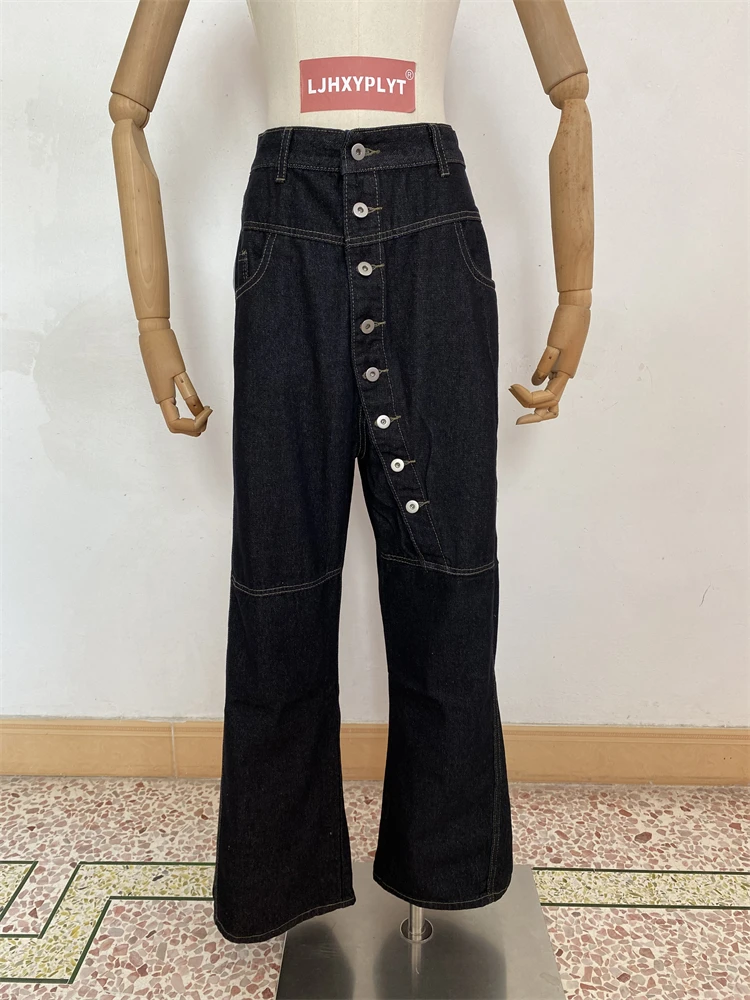 

Women’s Button-front Curved Wide-leg Jeans High Waist Baggy Denim Pants Female Vintage Hip Hop Street Style Straight Trouser