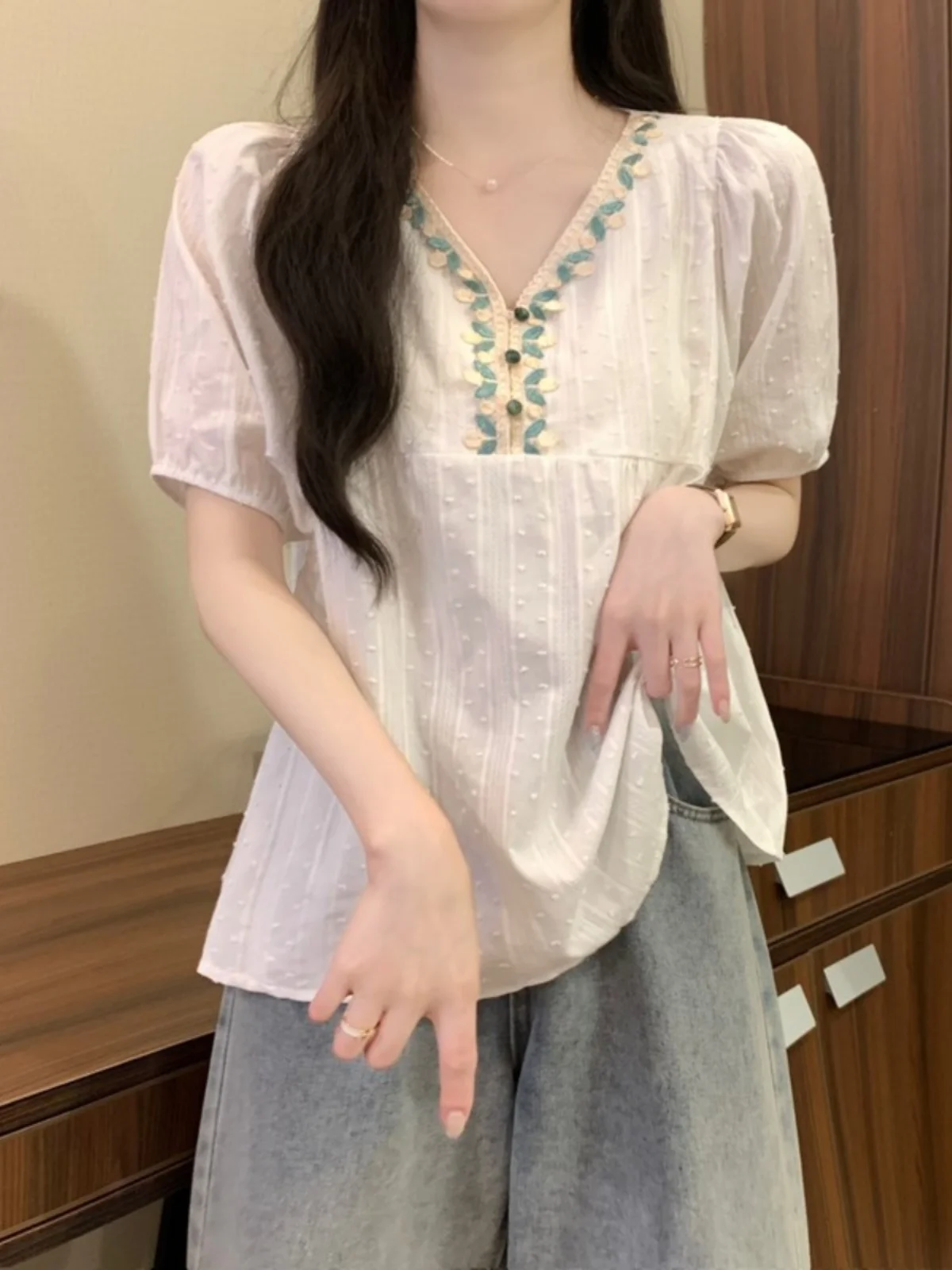 Design Sensation V-Neck Short Sleeve Chiffon Shirt Summer plus Size Women's Clothing Conceals Belly Doll Shirt Korean Style