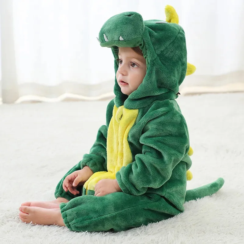 

Baby Green Dinosaur Bodysuit Toddler Flannel Warm Zoo Hooded Costume Halloween Cosplay Cartoon Pajamas Crawling Suit