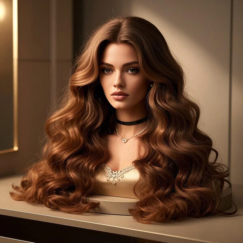 Long Wave Dark Brown 100%  Hair Lace Front Wigs Curly Pre Plucked Remy Wig