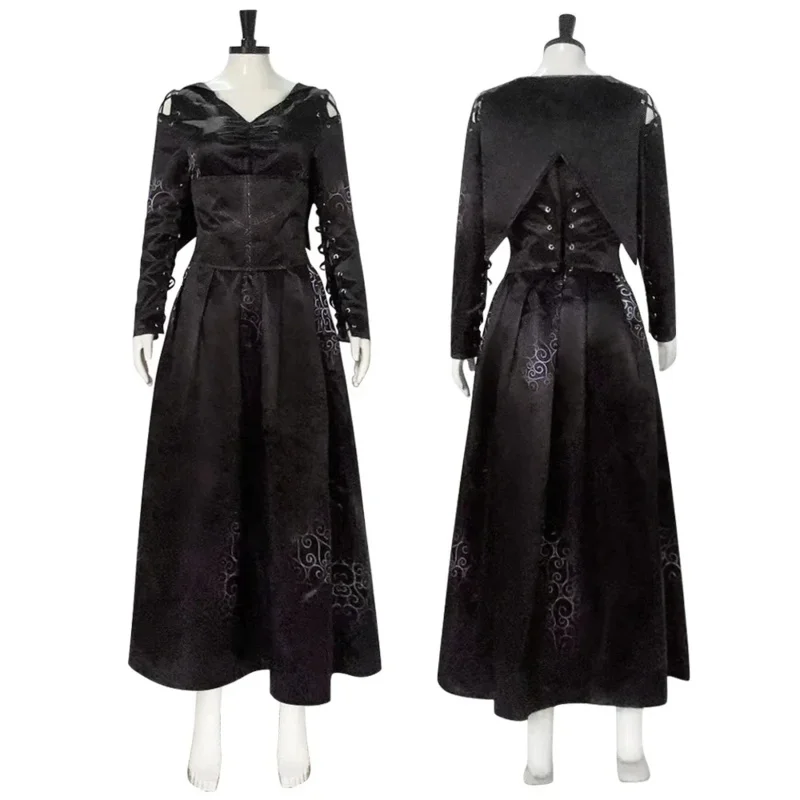 New 2024 Movie Wizard School Witch Bellatrix Lestrange Cosplay Costume Dress Adult Women Clothing Halloween Carnival Outfits