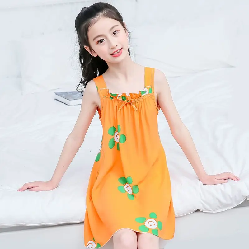 Girls Sleeveless Summer Nightgown Lightweight Spaghetti Strap Rayon Loungewear