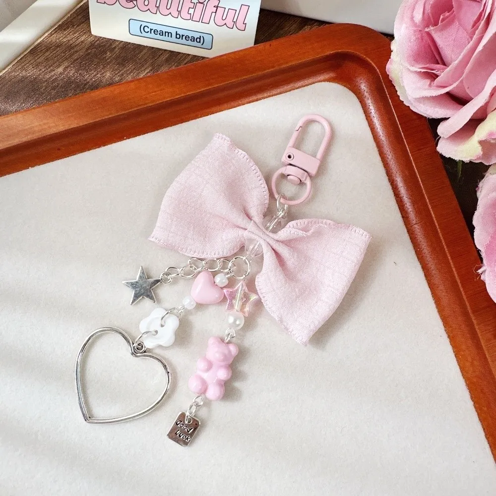 Fashion Wrinkled Bow Design Pearl Heart Little Bear Love weet Pearl Tassel Keyrings Heart Pendant Keyring Key Holder