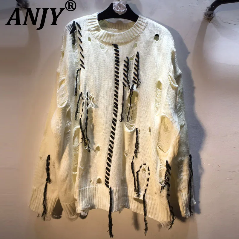 

ANJY 2022, осенне-зимний новый женский европейский тренд, матовый рваный вязаный свитер, свободный утягивающий пуловер с круглым вырезом A16423