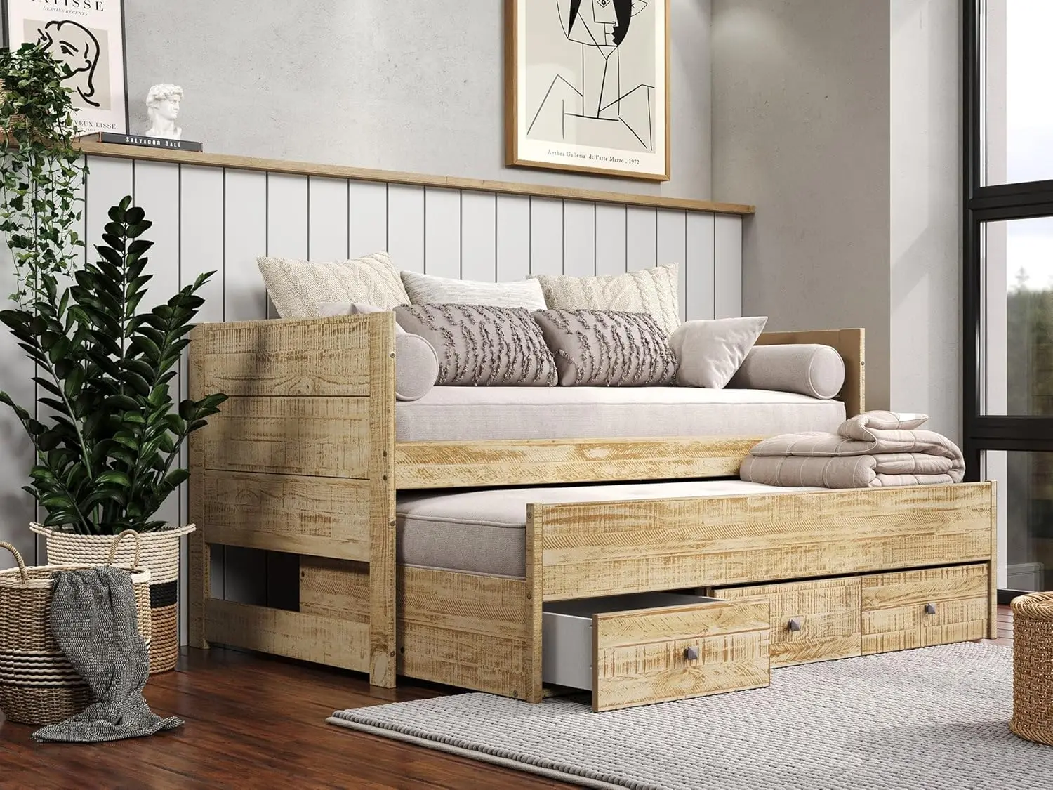 Bedz King All in One Twin Bed with Twin Trundle and 3 Built in Drawers, Weathered Honey