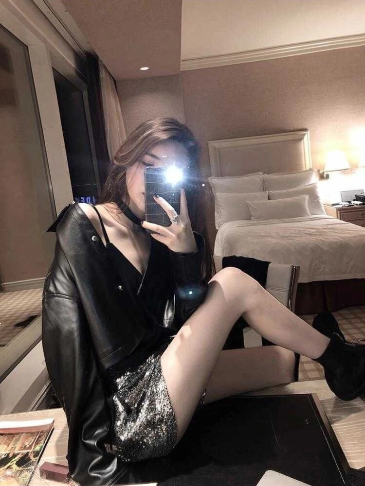 Shiny Sequined Shorts for Women Elastic High Waist Loose Fit A Cut Flared Short Pants Spring Summer New