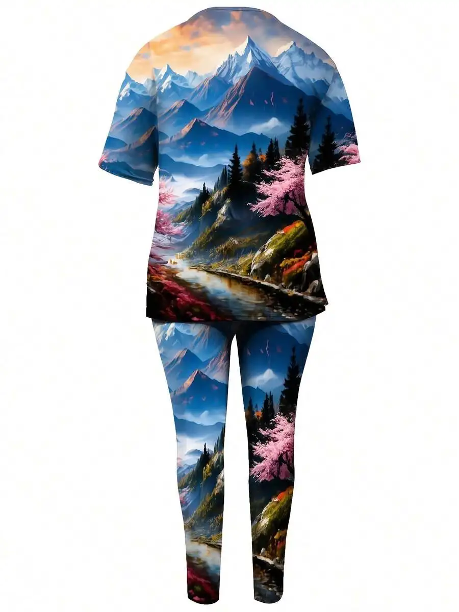 

Plus Size Short Sleeve Top And Pants Set Mountain Landscape Print With Pink Trees 3D Full Print Leisure Sportwear