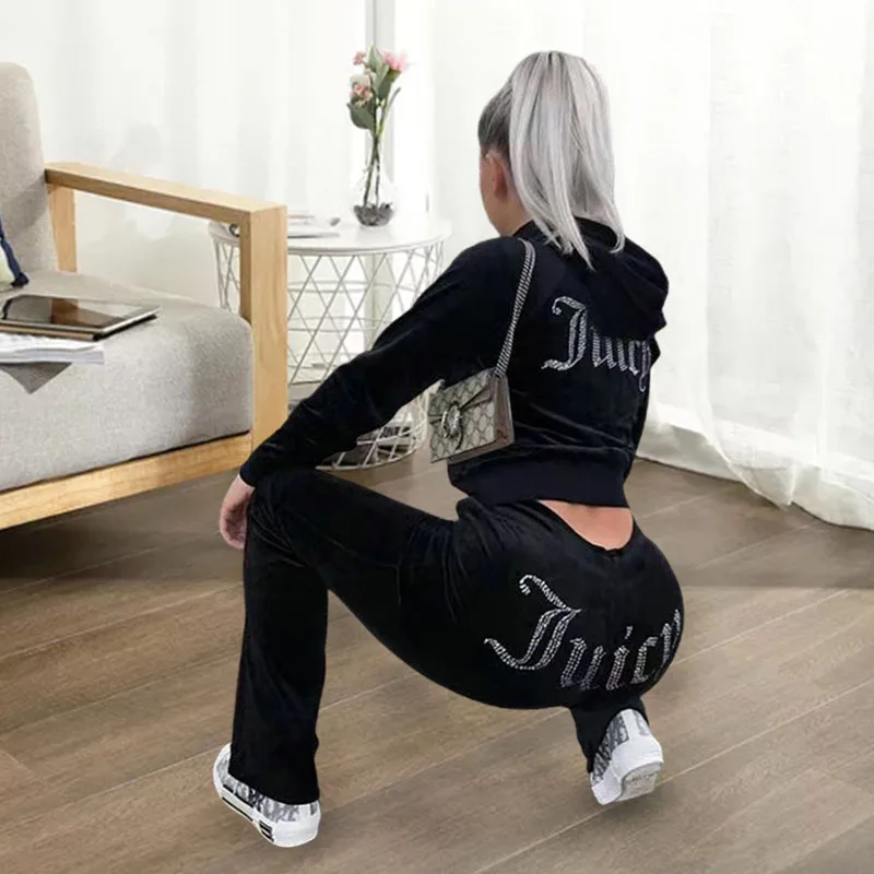 Women 2 Pieces Set Tracksuit Chic Thin Velvet Sequin Hoodie Suit Women Velour Sweatshirt and Pants with Diamonds Y2K Autumn