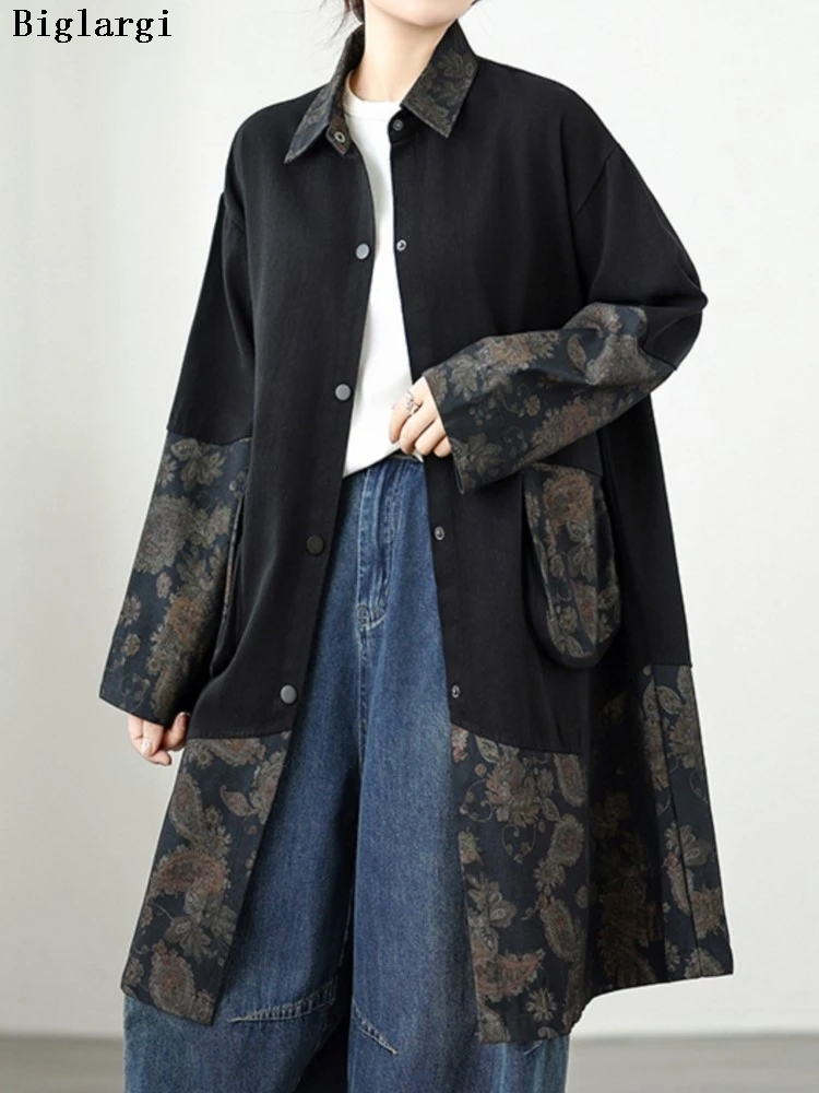 

Оверсайз, осенне-зимнее джинсовое винтажное пальто миди, женское пальто с длинным рукавом, модные женские куртки с цветочным принтом, свободные женские пальто