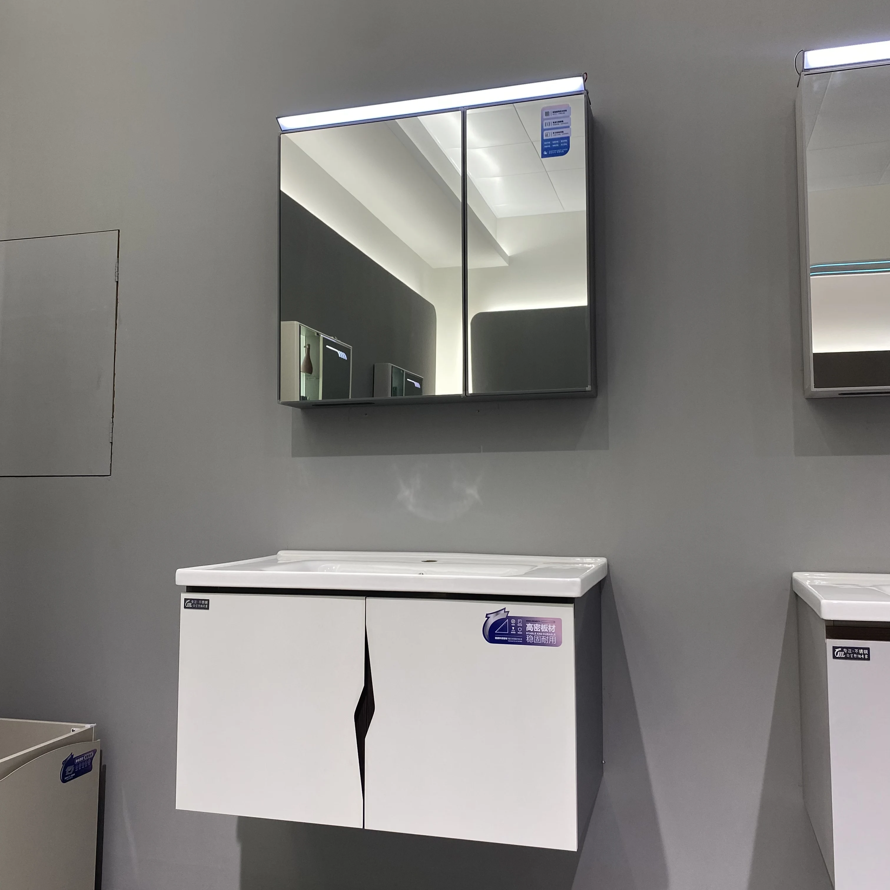Modern Co-extrusion Board Bathroom Vanity Set Wall-mounted Double-door Mirror Cabinet Rectangle Shape Gray White Mirror