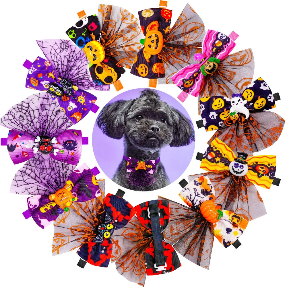 10PCS Halloween Decorate Pet Dog Bow Ties Creative Polyester Bowknot for Small Dog Grooming Puppy Dog Supplies Pet Accessories