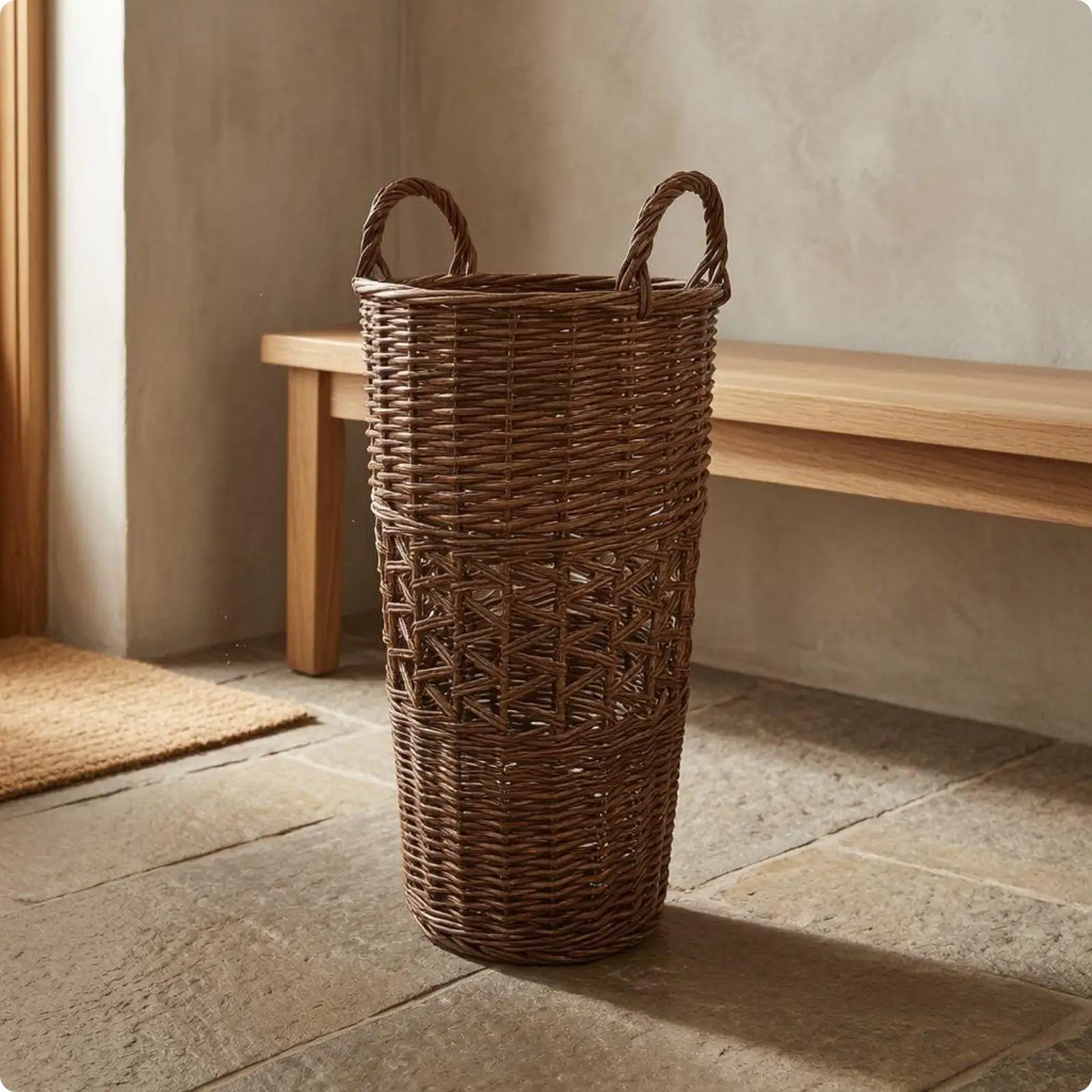 Wicker Storage Basket Tall Handwoven Rattan Basket with Loop Handles for Yoga Mat Umbrella and Toy Tidy