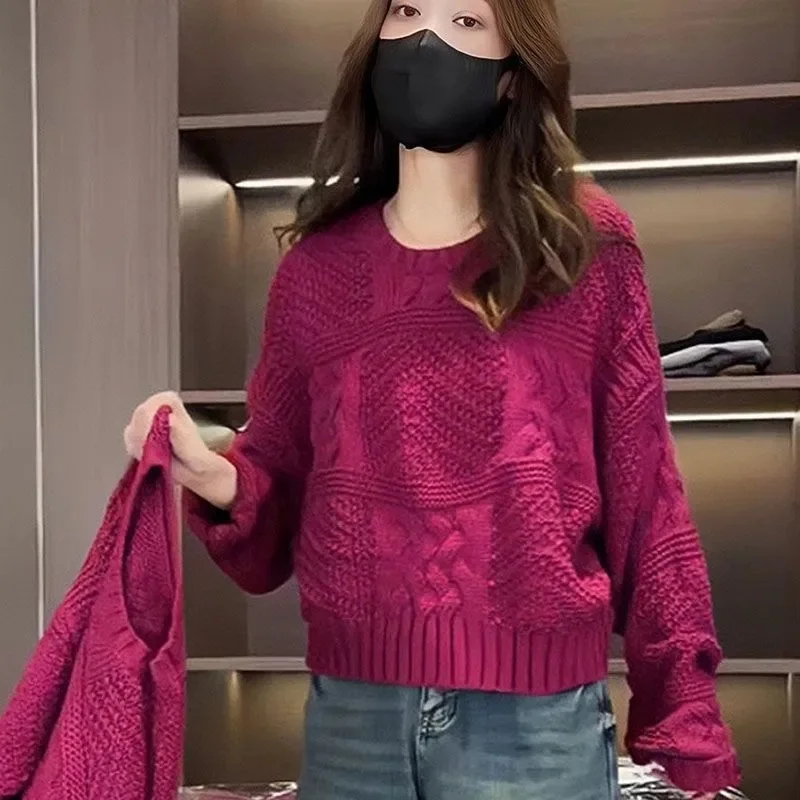 Jesienny sweter damski w jednolitym kolorze, luźny płaszcz, koreańska moda damska, dzianinowa bluzka z długim rękawem, damska dzianinowa kurtka z okrągłym dekoltem.