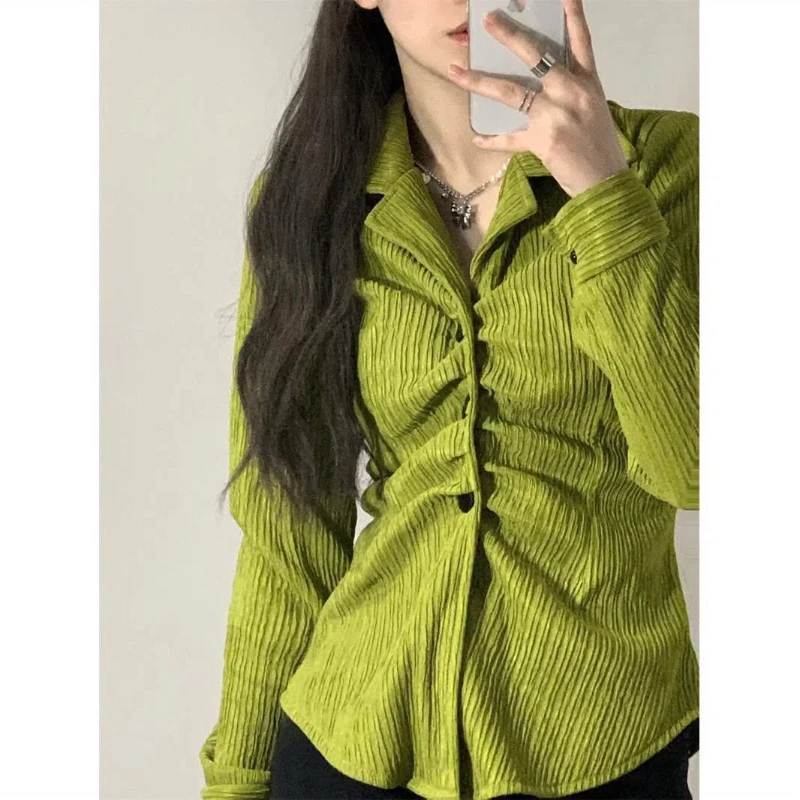 Green Shirt Slim Fit Retro Lazy Unique Design High-end and Sweet Chic Top