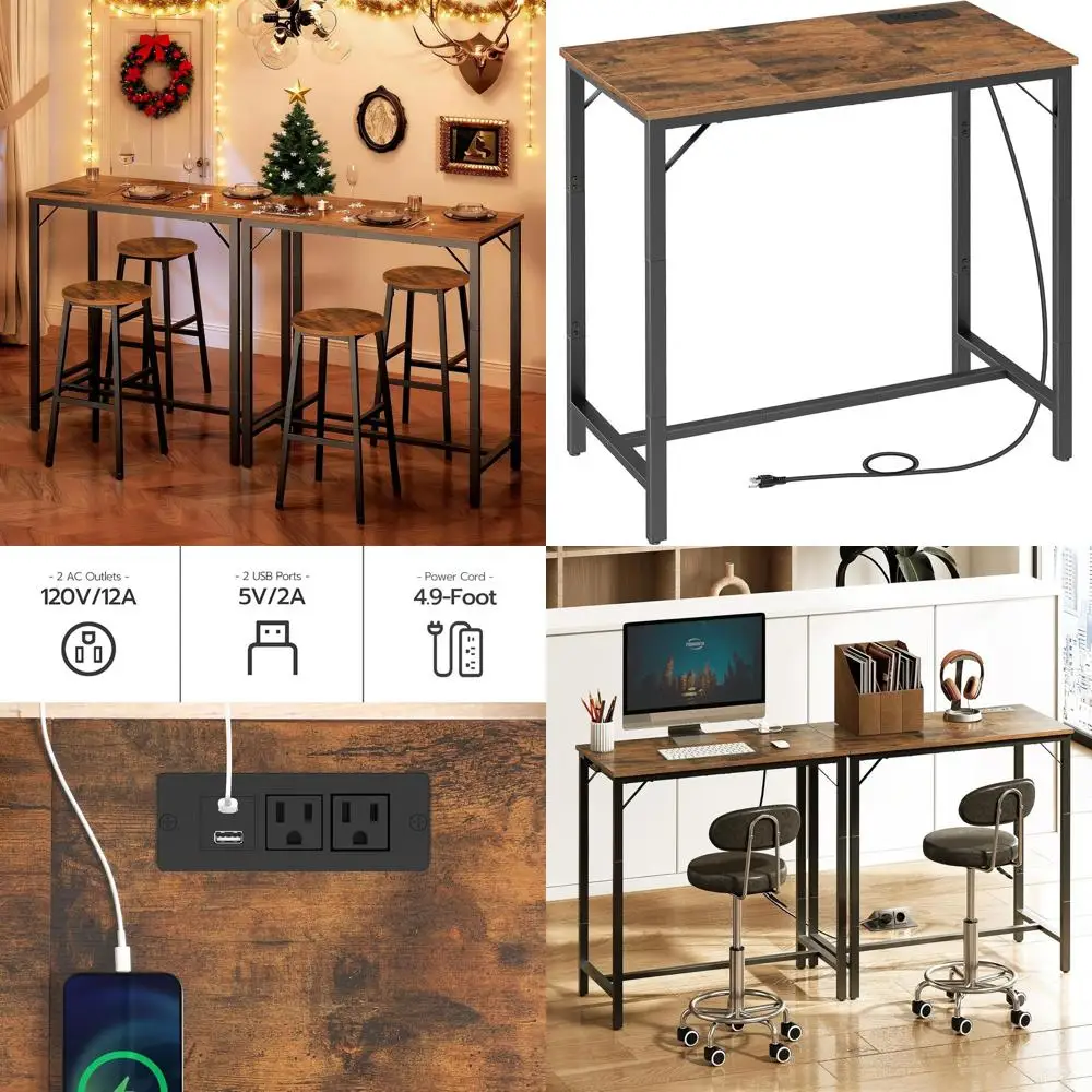 

35.4 Rectangular High Top Table with Charging Station, Rustic Brown and Black