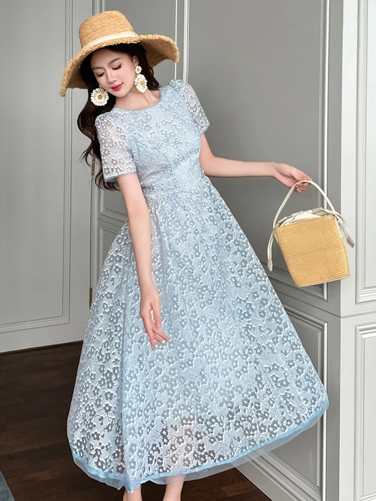 Vestiti delle donne Dolce Blu Stampa floreale O-Collo Sottile A-Line Abito lungo Elegante Lady Fashion Party Compleanno Vestido Robe Boho Summer