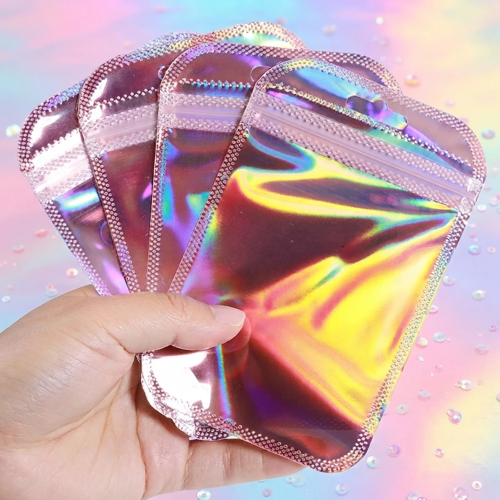 50pcs Iridescent Self Sealing Bags Pink Laser Plastic Pouches Resealable Zip Lock Packaging for Jewelry Display Retail Bags