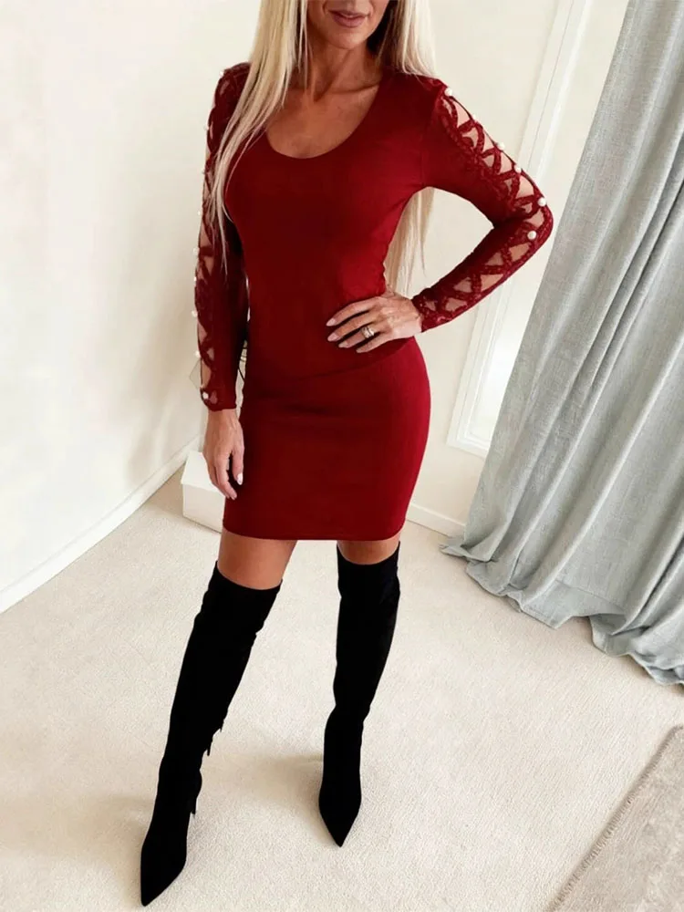 เดรสสั้นสีพื้นปักลายลูกปัดแขนยาวสไตล์ลำลองสำหรับผู้หญิง ดีไซน์หรูหรา คอทรงโอเว้าช่วงเอว