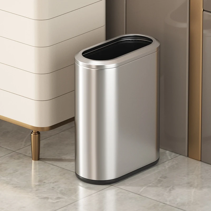 9L/2.4Gal Stainless steel trash can without lid ，Light luxury metal narrow trash bin for bathroom,bedroom,toilet,office,hotel