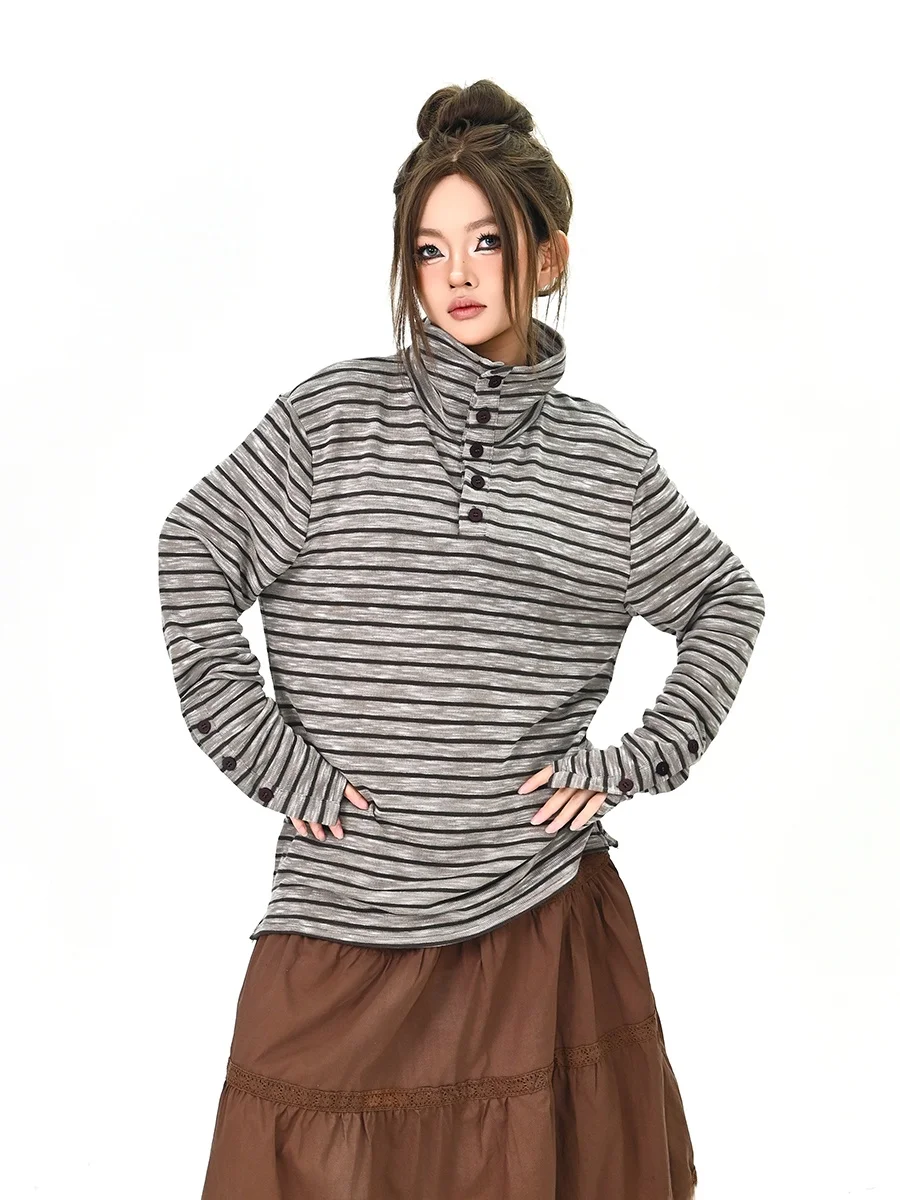 

Стильная полосатая футболка с длинным рукавом для женщин, весна 2026, новая коллекция, американский ретро-стиль, свободный крой, облегающий силуэт, модный топ, удобная уличная одежда