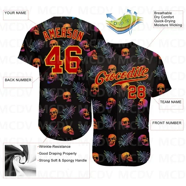 

Custom 3D Pattern Halloween Skulls And Palm Leaves Authentic Baseball Jersey