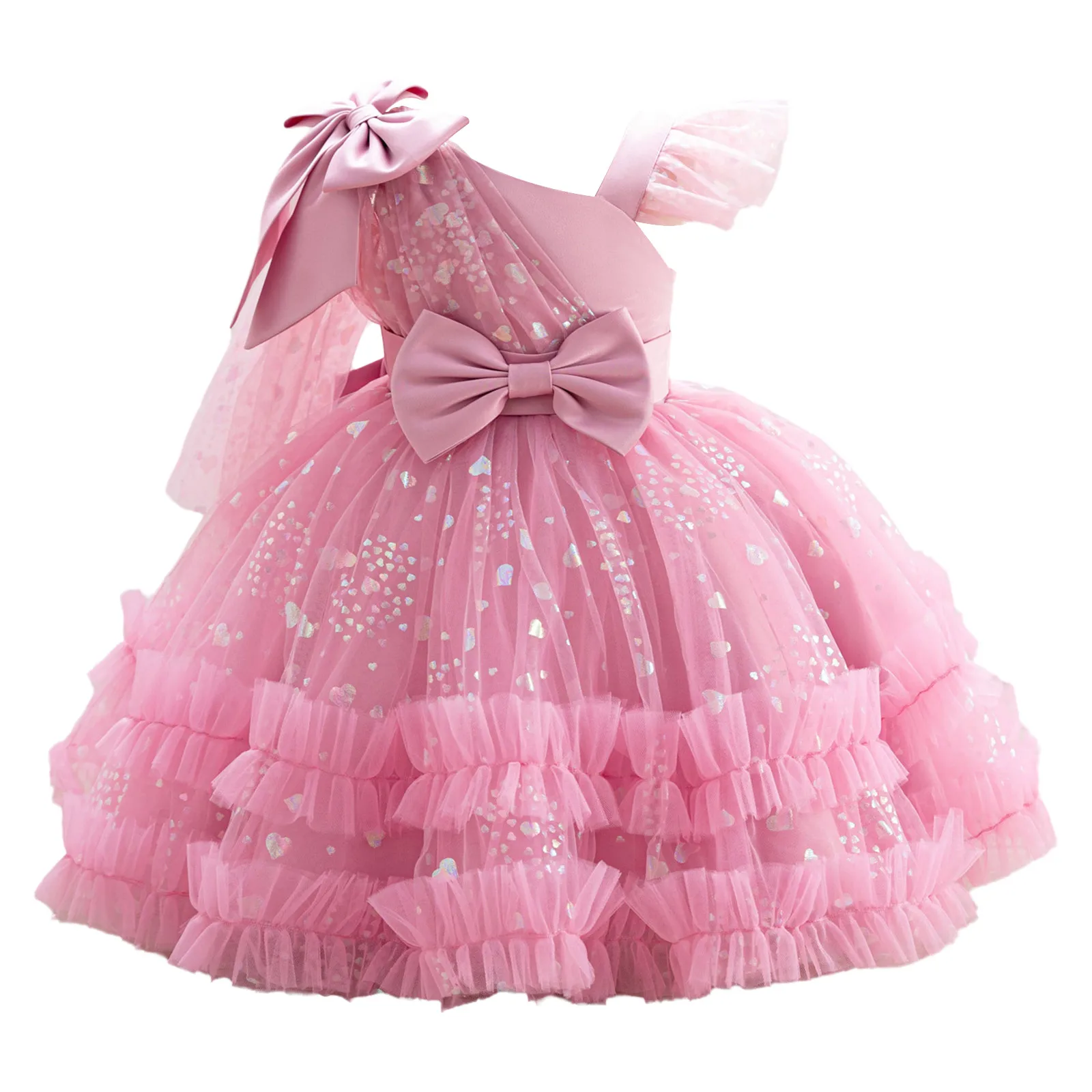 Baby Girls Dress Children Bowknot Ruffled Tutu Mesh Dress with Shawl for Cosplay Princess Birthday Party Celebration Prom Gown