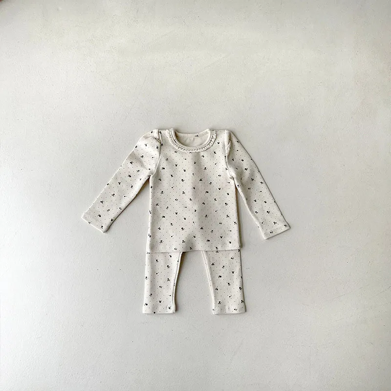 Spring Autumn Newborn Flower Print Homewear Pajamas Suit Boy Girl Baby Cotton Lace Long Sleeve Tops + Pants 2 Pcs Pyjamas Set