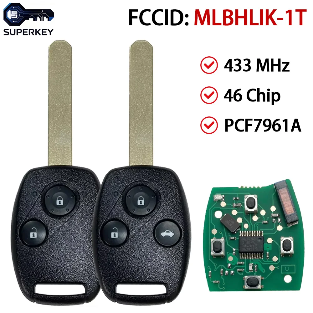 SUPERKEY 2/3 Buttons Remote Car Key 433Mhz PCF7961 ID46 Chip For Honda CRV Jazz 2007 2008 2009 2010 2011 FCC ID:MLBHLIK-1T
