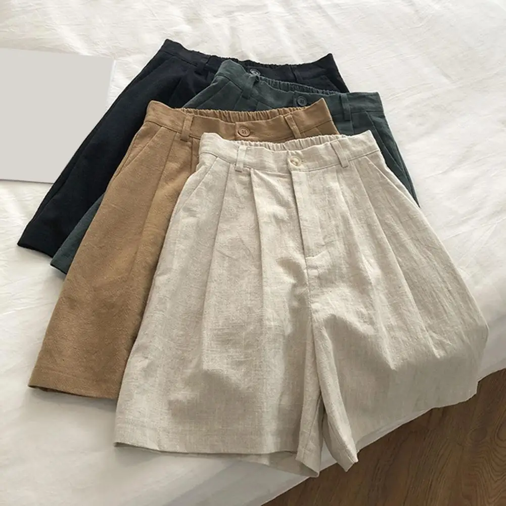 

Breathable Cotton Linen Shorts Japanese Retro High Waist Wide Leg Bermuda Shorts Suit Casual Summer Woman Loose