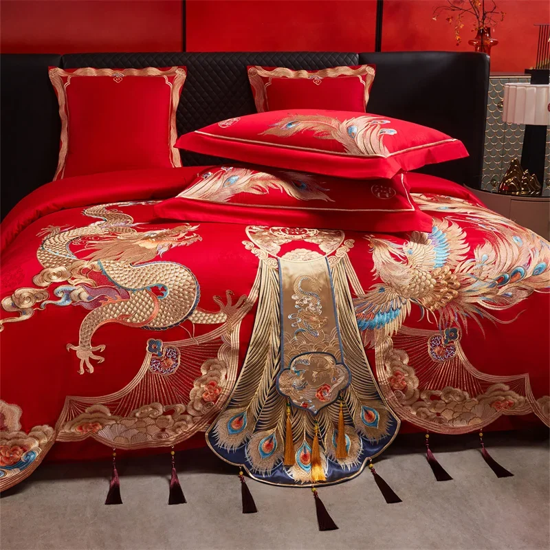 Luxury Gold Dragon Phoenix Embroidery Chinese Style Wedding Bedding Set 1000TC Egyptian Cotton Duvet Cover Bed Sheet Pillowcase