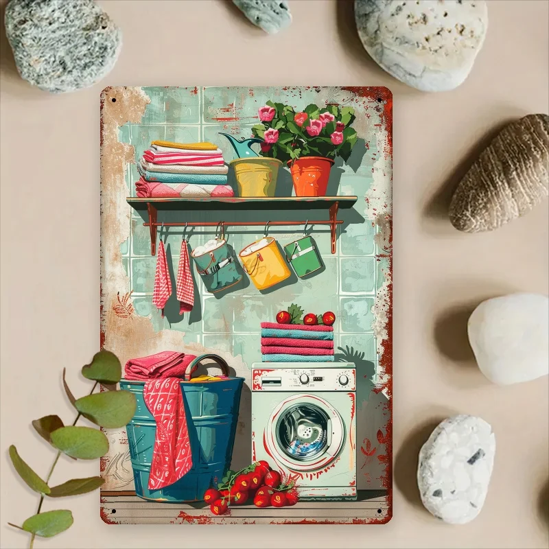 Vintage Laundry Room Metal Wall Art Sign - Rustic Iron Decor with Washing Machine, Hanging Towels, and Flowers Perfect for Home