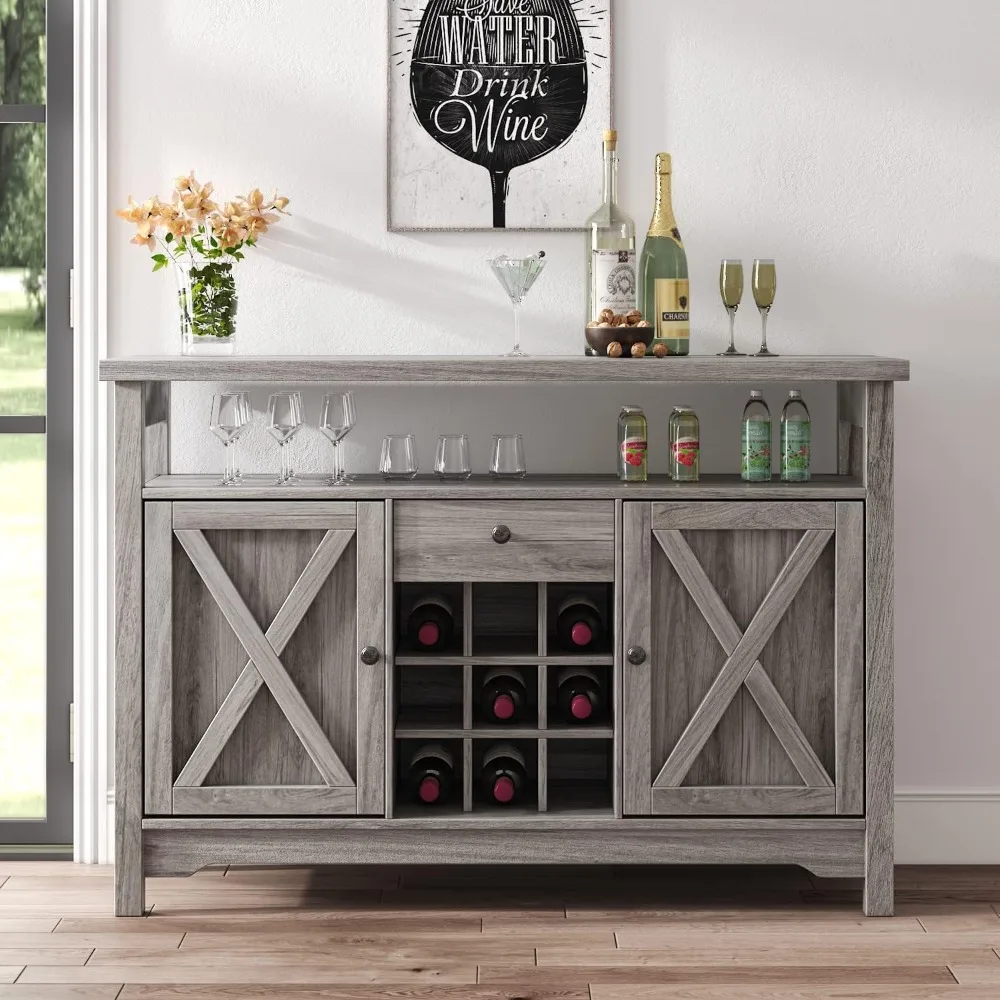 

4ever2buy Coffee Bar Cabinet with Storage, Farmhouse Coffee Bar with 9 Wine Racks Barn Door, Gray Wine Bar Cabinet with Drawer,