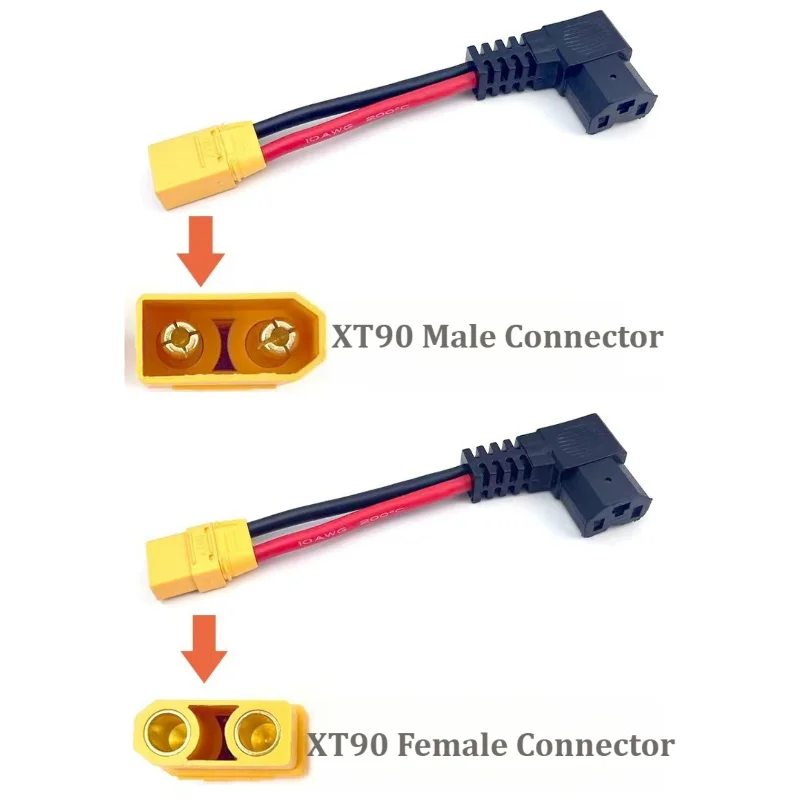 10AWG(5.3mm²) 90° Right‑Angle IEC C14 Plug to XT90 Male & Female Adapter Cable Copper Silicone Wire for Lithium Battery Charging