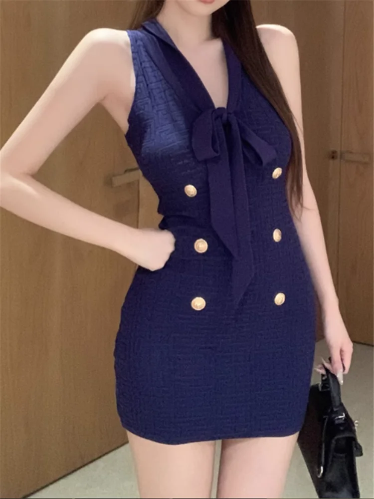 

French Fashion Sleeveless Straps Bow Knitted Pencil Dress New Summer Sleeveless Mini Tank Dress Slim Bodycon Bottoming Dress