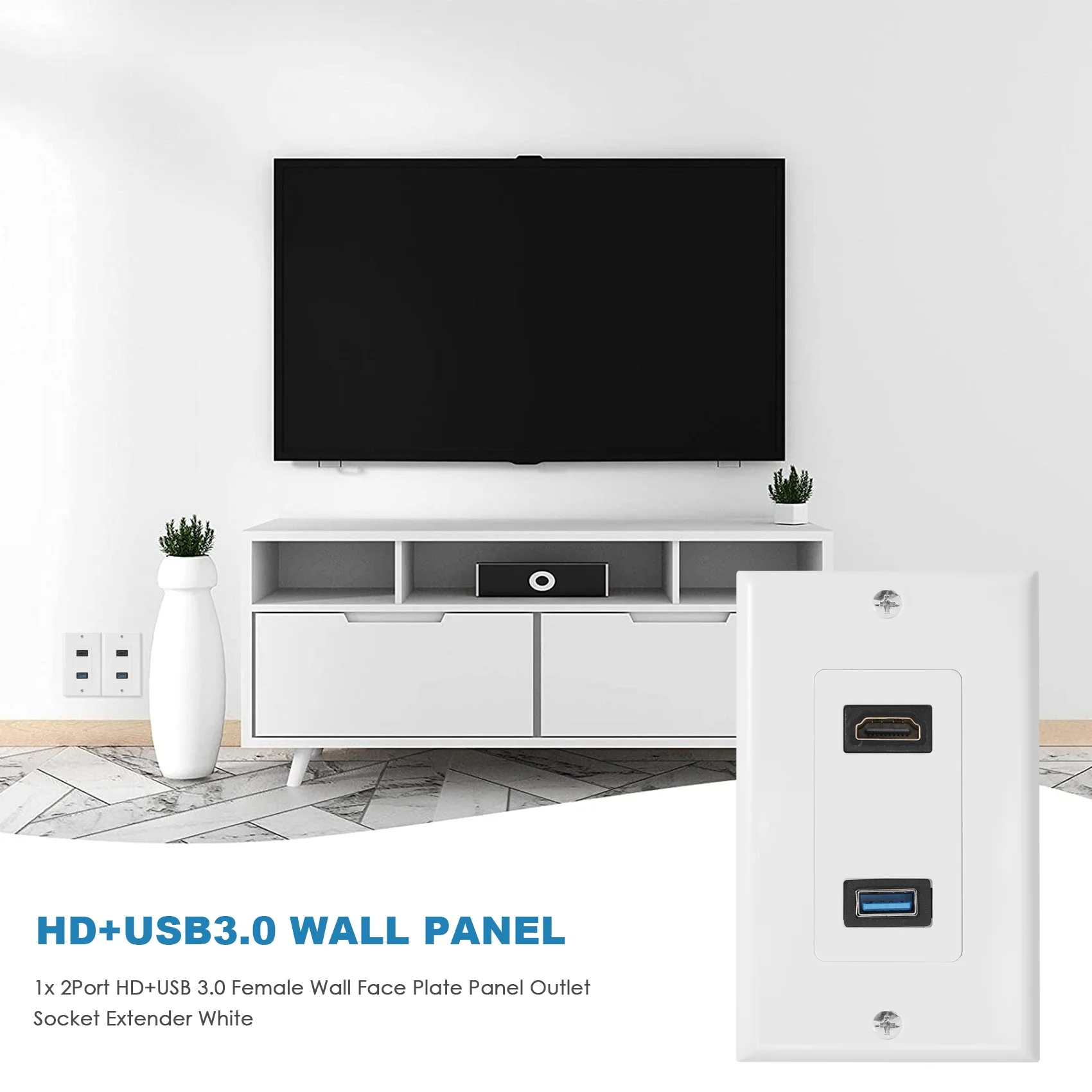 Prolongateur de prise de courant blanc, panneau de plaque frontale murale femelle, 1x2 ports HDMI + USB 3.0