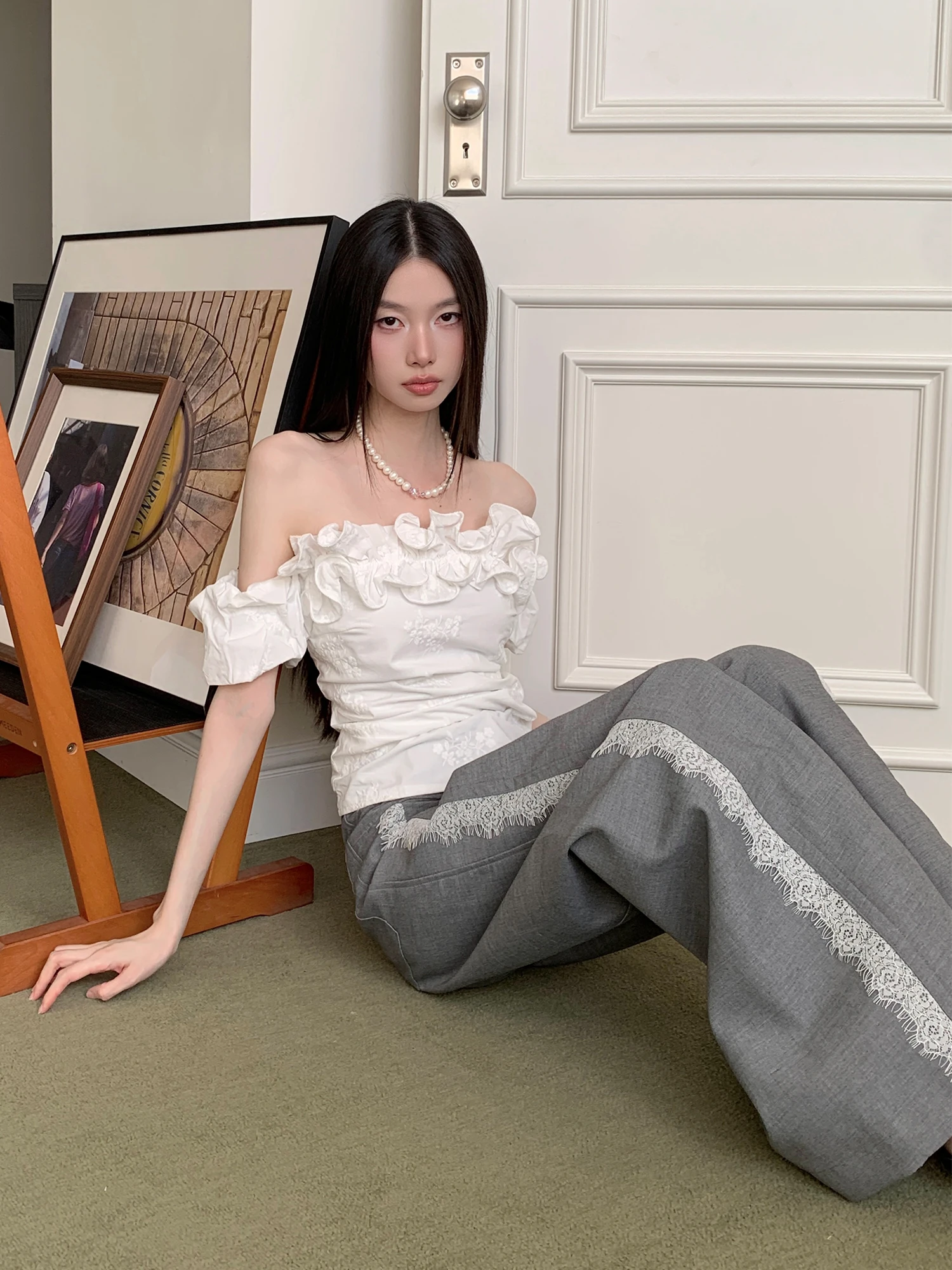 

MOXI Белый топ с рюшами и вышивкой на плечах, летний, с коротким рукавом, из полиэстера, для девочек, милый, модный