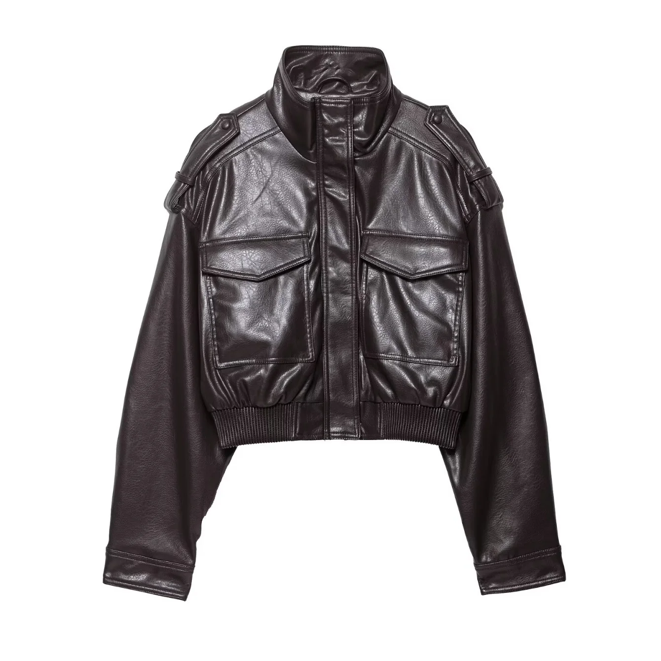 Veste courte en cuir à grandes poches pour femmes, manteau col rabattu, manches longues, fermeture éclair, automne hiver dames, Streetwear décontracté