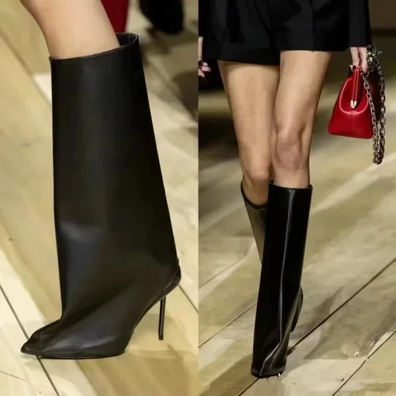 

2025 Runway Women's Knee High Boots Fashion Walk Show Style Slim Heel Women Shoes Red High Heels British Style Botas De Mujer