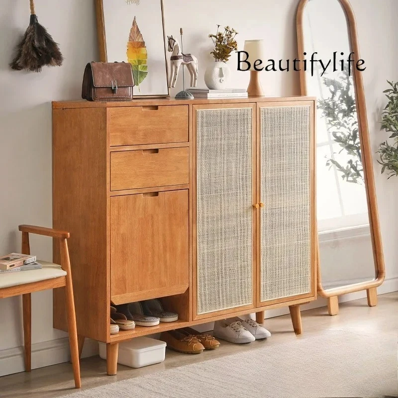

Nordic medieval style solid wood rattan shoe cabinet household simple storage cabinet