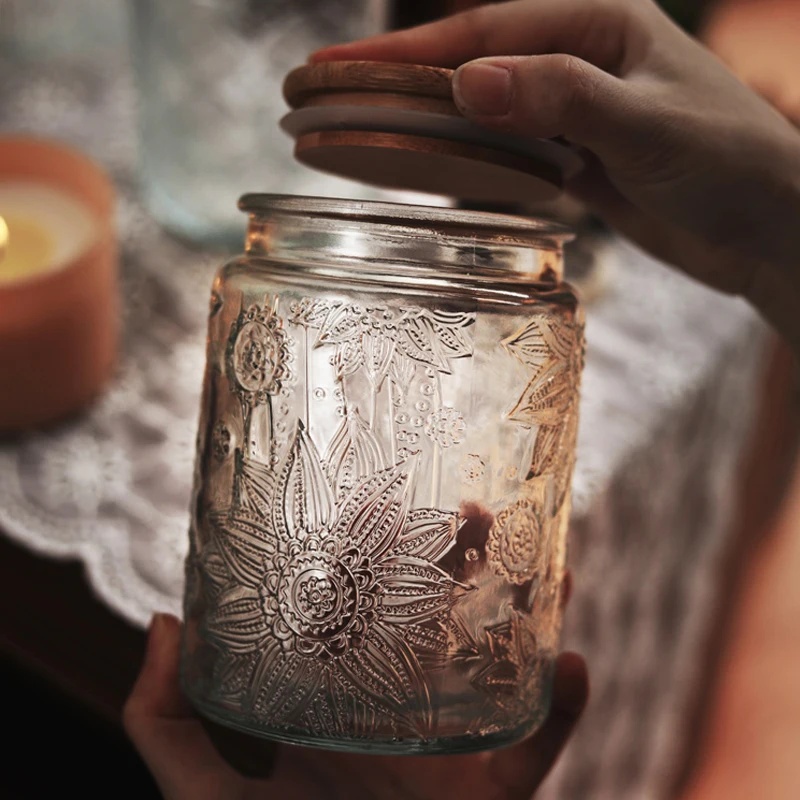 Retro Begonia Pattern Glass Sealed Jar Creative Food Grade Dried Fruit Snack Nut Storage Jar Kitchen Storage Supplies