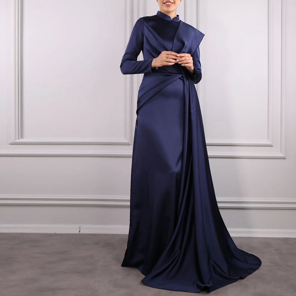 

High Neckline Floor Length Straight Satin Long Sleeves Pleats Panel Train Solid Color Fashion Dresses For Formal Occasions 2024