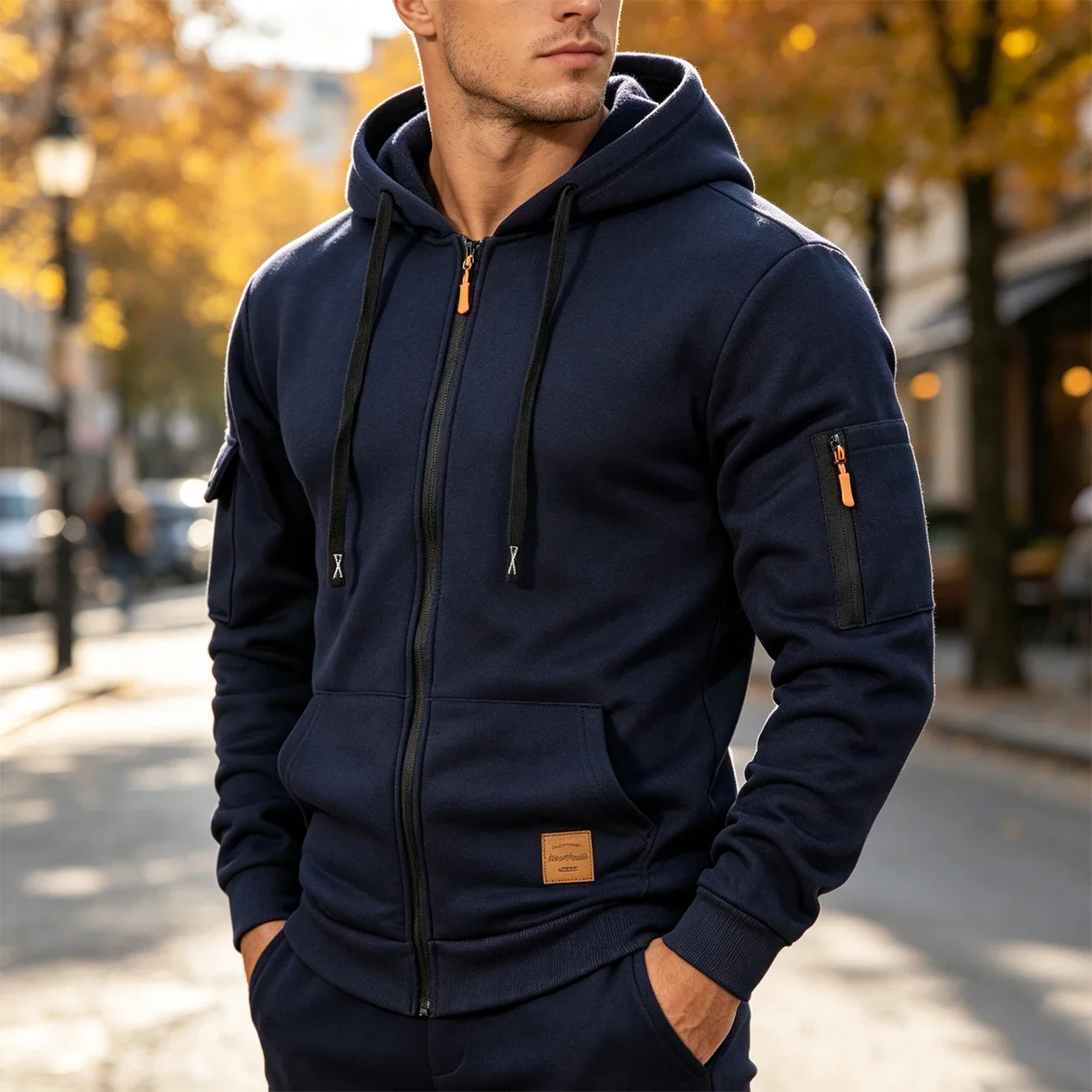 Men Drawstring Hooded Sweatshirt Full Zip Arm Zipper Pocket Hood Jacket Relax Fit Streetwear Casual Outer Coat