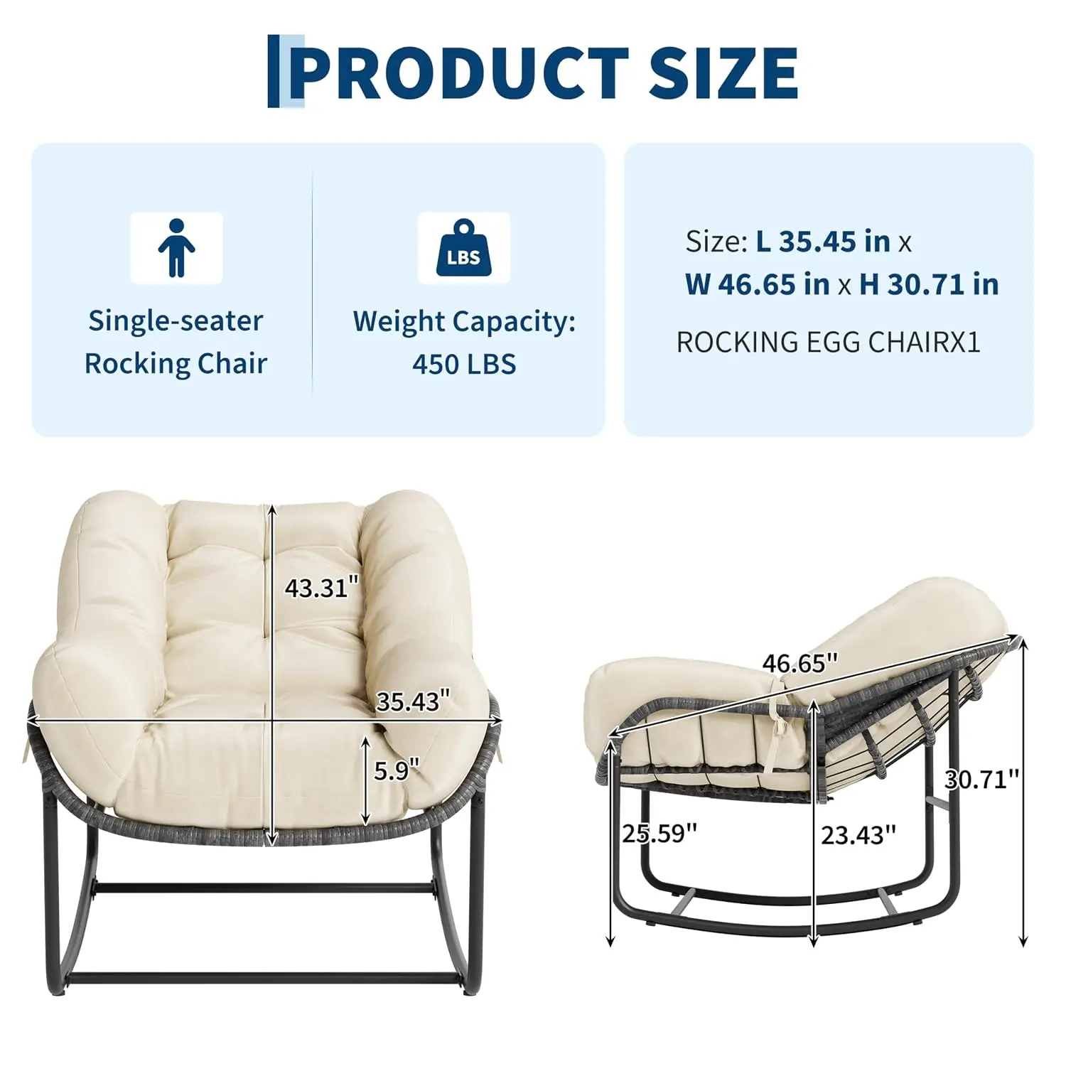 2 PCS Outdoor Rocking Chair, Papasan Rocking Chair with Thick Cushion, Comfy Wicker Reading Lounge, Indoor Bed-Like for Bedroom