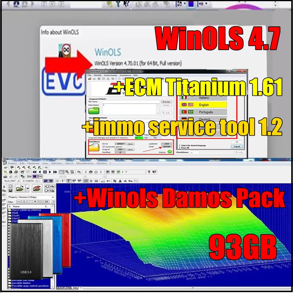 Venta calientewinols 4,7 + 93GB winols damos BIG PACK 2020 2021 2022+ ECM TITANIUM 1,61 con 26000+ herramienta de servicio immo