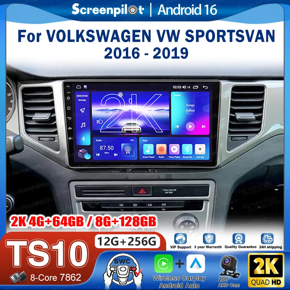 Android 16 Car Radio Stereo Head Unit For VOLKSWAGEN VW SPORTSVAN 2016-2019 Multimedia Video Player GPS Navigation Touch Screen