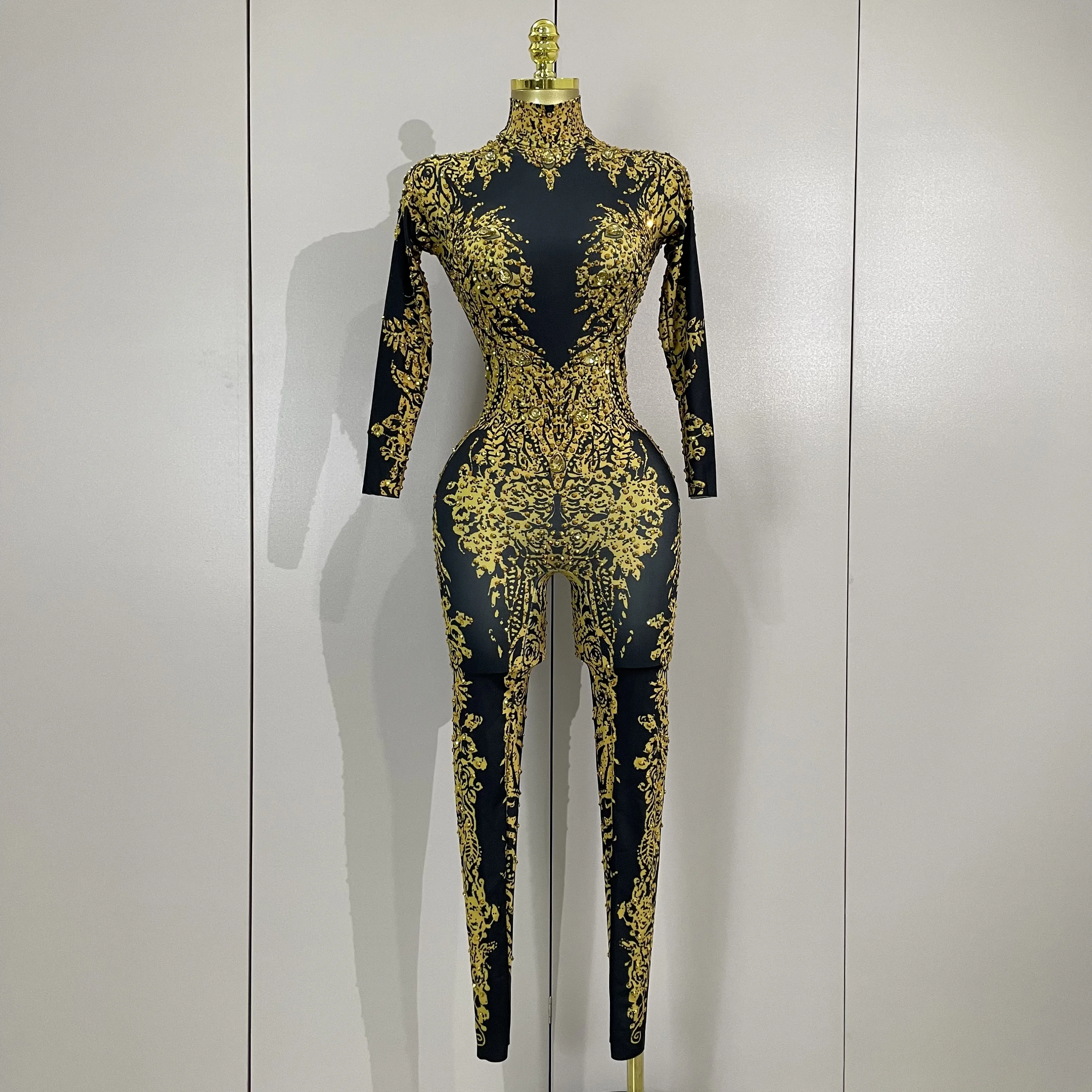 Luxury Sparkly Diamonds Print Long Sleeves Stretch jumpsuit Evning Party Dancer Nightclub Bar DJ Sexy Stage Performance Costumes